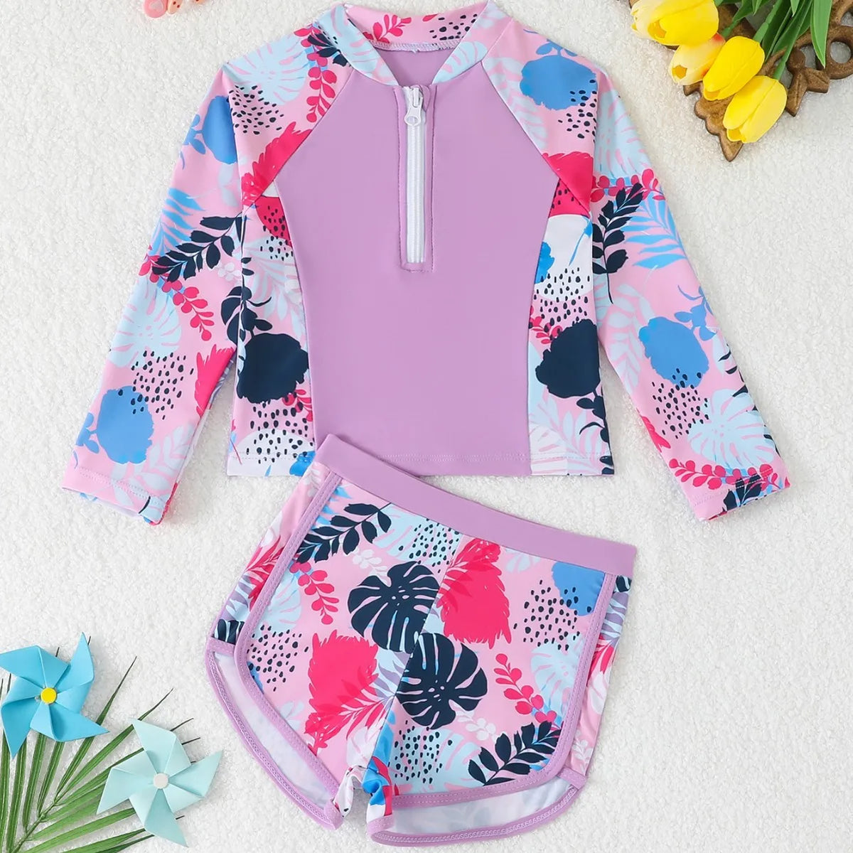 Girls Two Piece Swimwear Long Sleeve Rash Guard Shirts Quick-Dry Bathing Suit Summer Beach Wear Kids Swimsuit Toddler Bikini