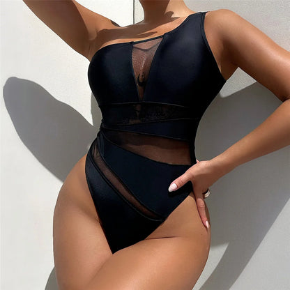 One Shoulder Splicing Mesh Sheer Women Swimwear One Piece Swimsuit Female Monokini High Leg Cut Bather Bathing Suit Swim