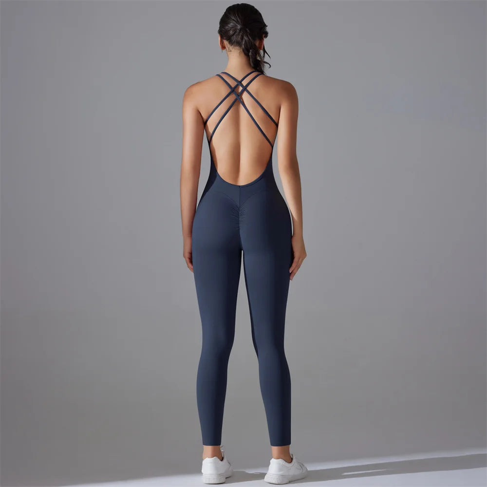 Plus Size S-XL Back V Bodysuits Sports Women Gym Rompers Yoga Set Scrunch Legging Workout One-Piece Jumpsuit Suit Active Wear