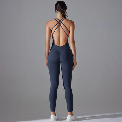 Plus Size S-XL Back V Bodysuits Sports Women Gym Rompers Yoga Set Scrunch Legging Workout One-Piece Jumpsuit Suit Active Wear