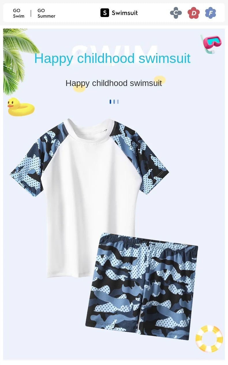 Camouflage Kids Swimsuit Boy Swim Trunks Set Surf Suit Boys Split Short Sleeve Swimsuit Korean Version Baby Swimsuit Plus Size