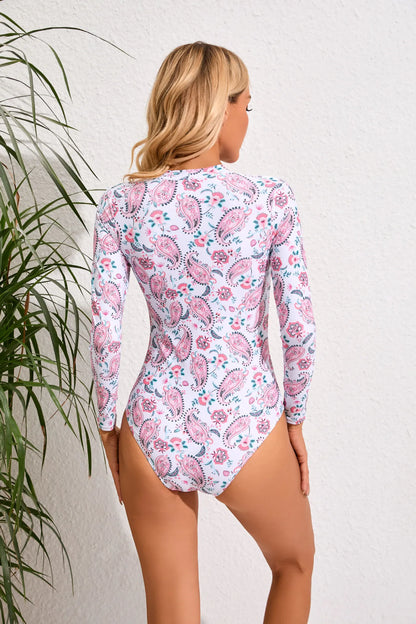 Zipper Long Sleeve Women One Piece Swimsuit Floral Monokini Swim Wear Surfing Bathing Suit Swimwear Female Clothes
