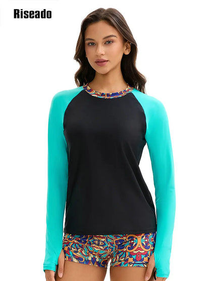 Riseado Rash Guard Swimsuits for Women Sun Protection Uv UPF 50+ High Waist Two-Piece Long Sleeves Surf Suit Swimwear