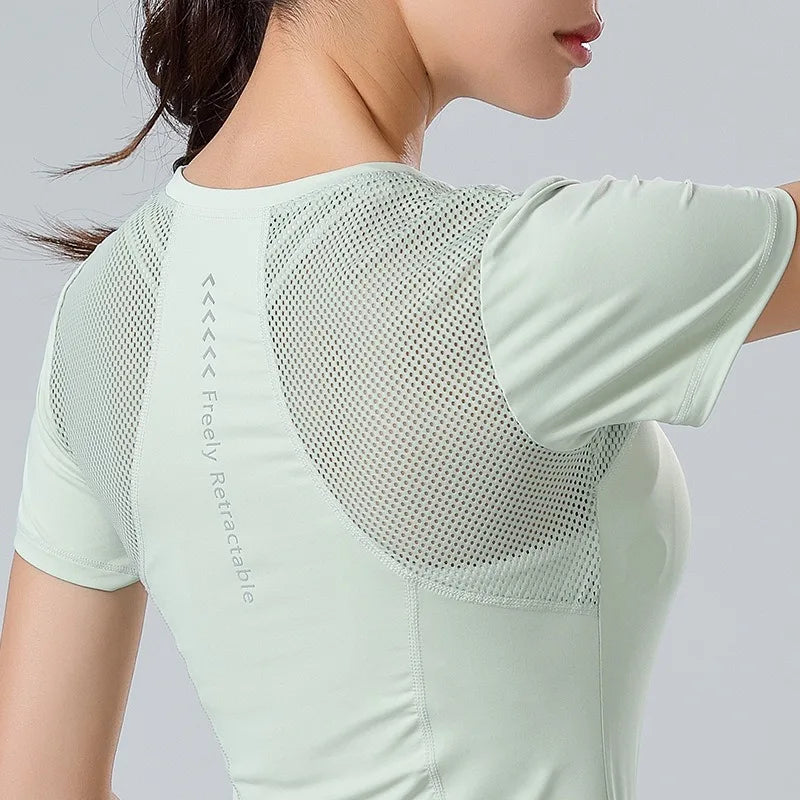 Reflective Printed Yoga Tops Women's Mesh Splicing Crew Neck High Elasticity Breathable Fitness Pilates Exercise Shirts