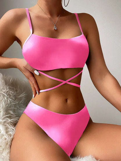 3 Pieces Ombre Lace Up Bikini Swimsuit & Beach Skirt Swimwear Women Bathing Swimming Swim Suit Female Summer Beachwear