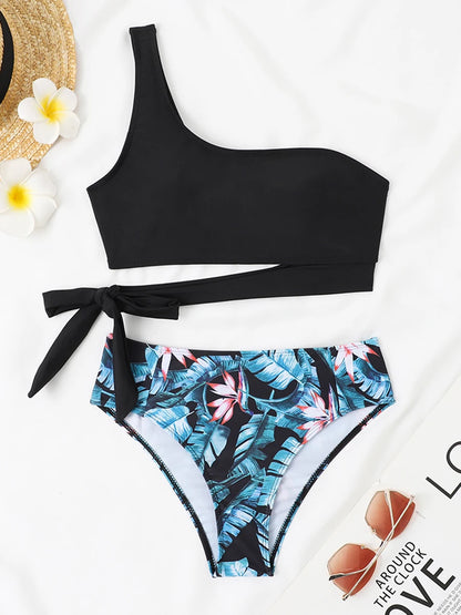 One Shoulder Bikini Set Swimsuit Women Solid Padded Swimwear Female Bathers Bathing Swimming Swim Suit Beachwear