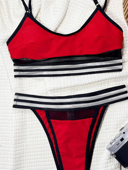 Striped Mesh Patchwork Bandeau Bikini Set High Waist Female Swimsuit Women Swimwear Two-pieces Thong Biquini