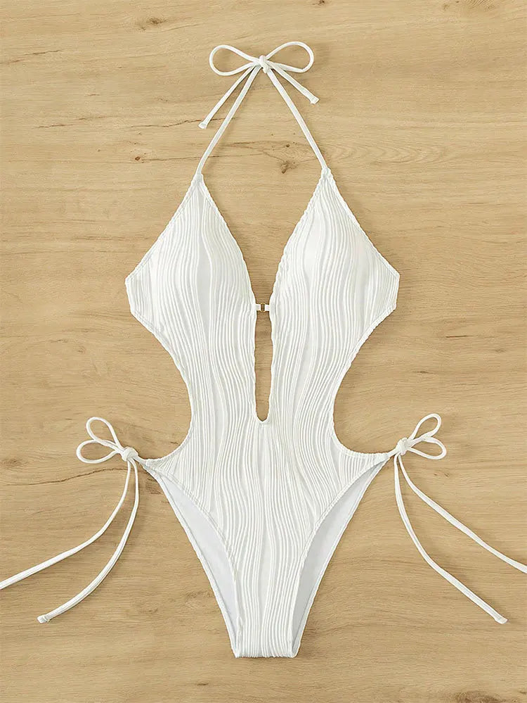 Cikini-Cut Out Tie Side Halter Swimsuit for Women, Monochromatic, Beach Swimwear, Bathing Suit, Summer