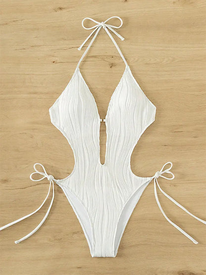 Cikini-Cut Out Tie Side Halter Swimsuit for Women, Monochromatic, Beach Swimwear, Bathing Suit, Summer