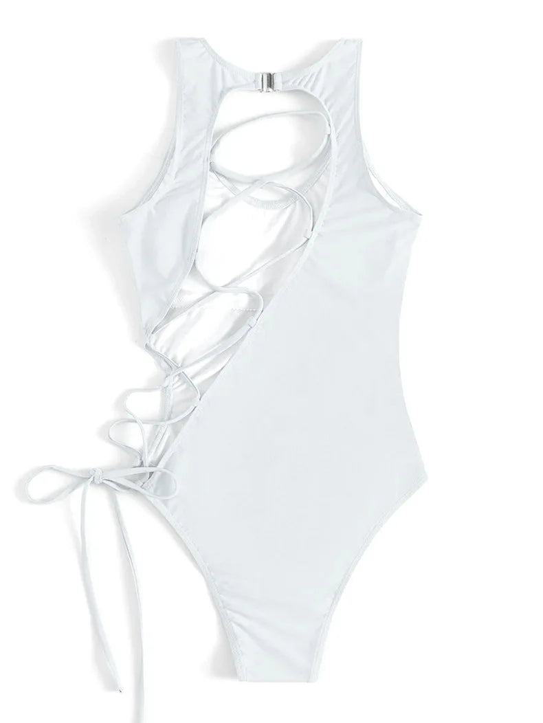 Solid High Cut Swimwear Women Backless Cross Hollow Tied One Piece Swimsuit Monokini Beach Bathing Suit