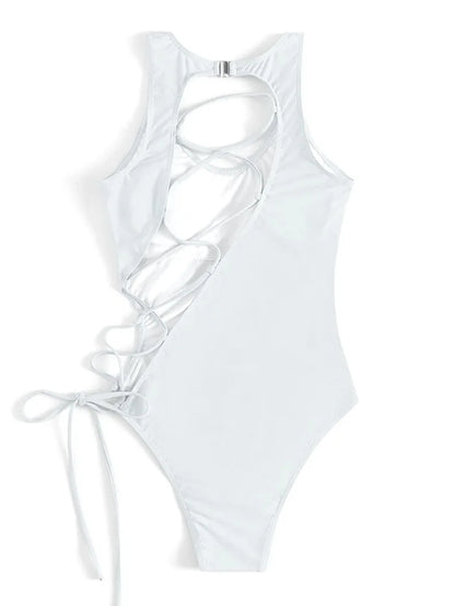 Solid High Cut Swimwear Women Backless Cross Hollow Tied One Piece Swimsuit Monokini Beach Bathing Suit