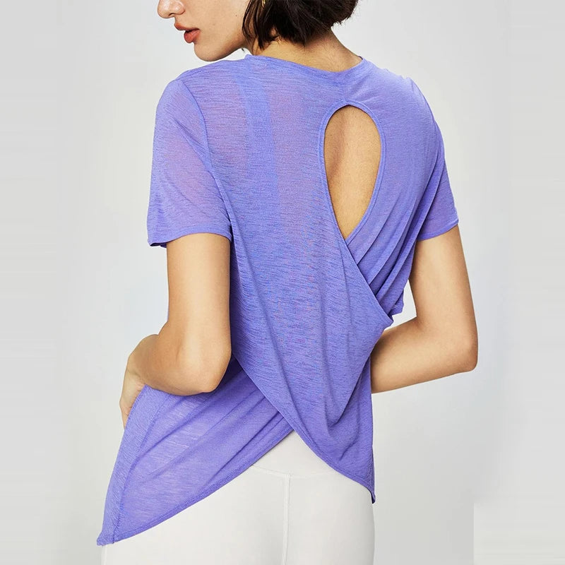 Aiithuug Breathable Mesh Yoga Short Sleeve Crisscross Back Yoga Short Sleeve Blouse Quick Dry Gym Shirt Casual Cutout Back Yoga