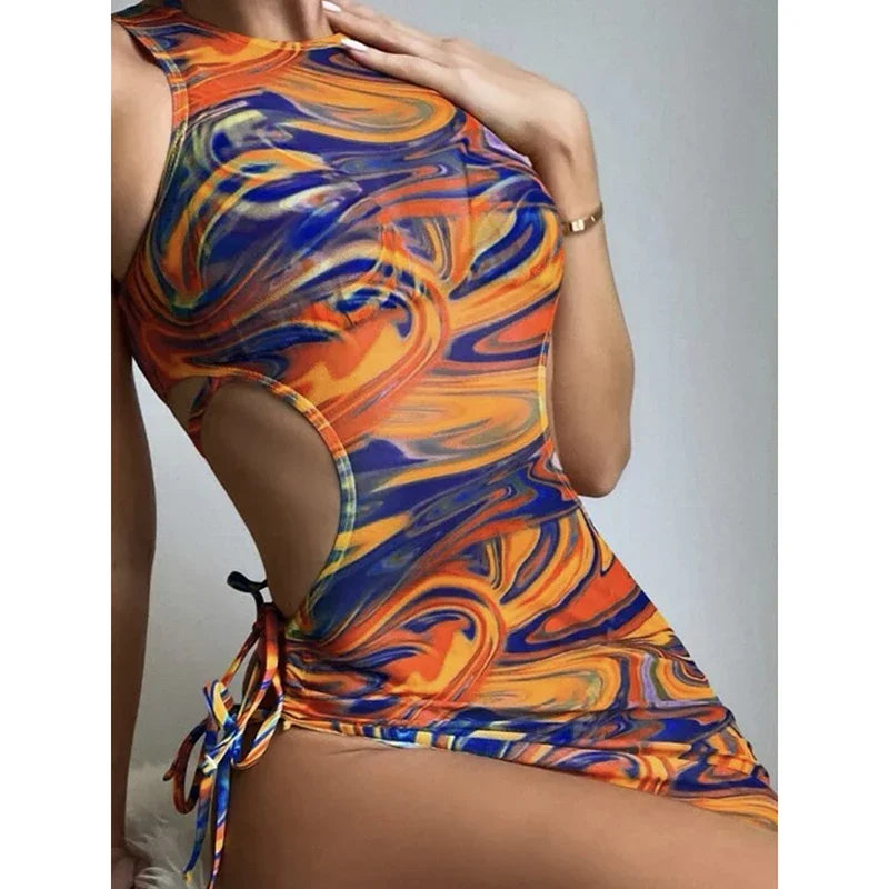Tie Dye Swimsuit Women Lace Up Bikini Suit Hollow Out Block Color Bathing Suit Three-pieces Swimwear Beachwear