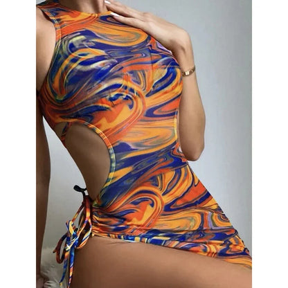 Tie Dye Swimsuit Women Lace Up Bikini Suit Hollow Out Block Color Bathing Suit Three-pieces Swimwear Beachwear