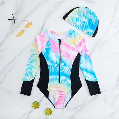 Long Sleeve Girls One Piece Swimsuit 7-12 Year Kids Swim Suit Children's Swimwear 2025 Patchwork Surf Bathing Suits Cap