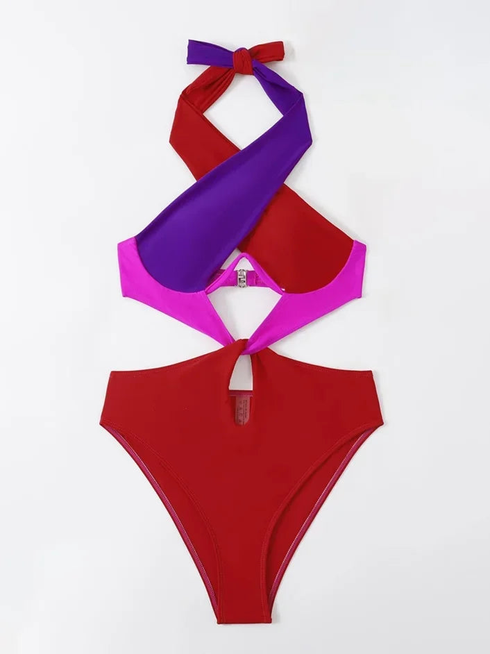 Orange Patchwork One Piece Swimwear Women Halter Cross Underwire Hollow Out Backless Bathing Suit Holiday Swimsuit