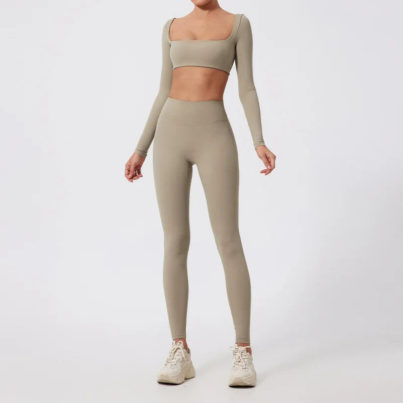 Yoga Clothes 2PCS Gym Set Sports Shorts Set Women Long Sleeved High Waist Shorts Fitness Suit Running Workout Tracksuit