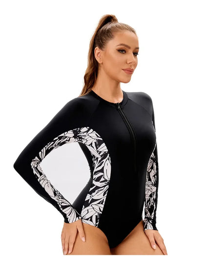 Long Sleeve Sports Print Swimwear Women's Round Neck Zipper Conservative Sunscreen One Piece Swimsuit Surfing Suit Summer