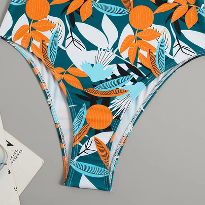Tropical Print Swimsuit One Piece Knot Side Belted Swimwear Women Padded Bathing Suit Female Swimming Summer Beachwear