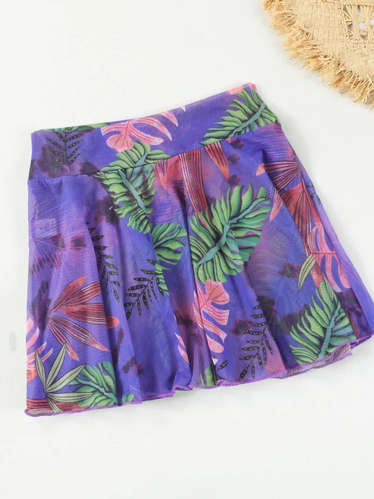 Halter Bikini Swimsuit Push Up Swimwear Bandage Women Plant Print Bath Suit Beach Cover Up Summer
