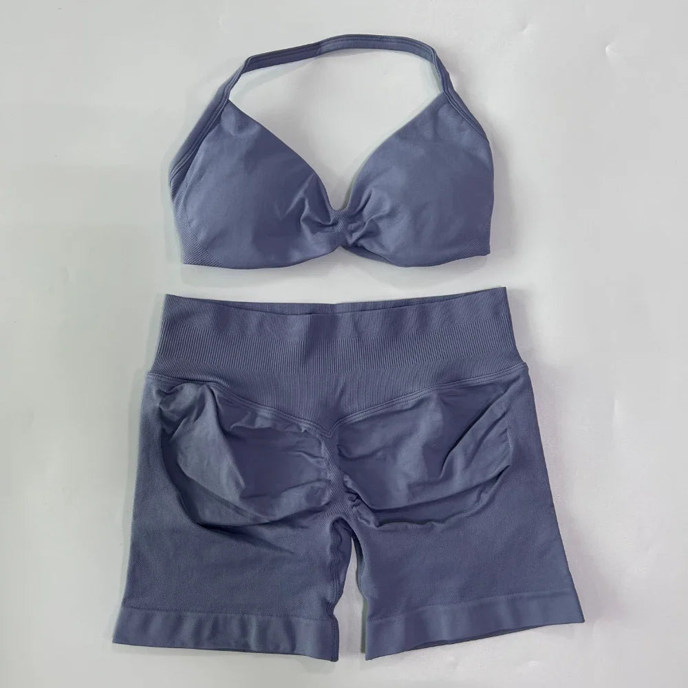2PCS Gym Set Women Strappy Yoga Bra Top High Waist Workout Scrunch Shorts Sports Suit Seamless Yoga Set Fitness Clothes