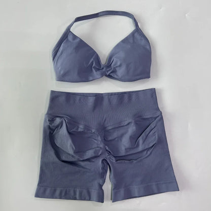 2PCS Gym Set Women Strappy Yoga Bra Top High Waist Workout Scrunch Shorts Sports Suit Seamless Yoga Set Fitness Clothes