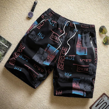 Cotton Shorts Men Breathable Thin Feather Print Pocket Elastic Waist Korean Loose Casual Sports Beach Short Pants 5XL