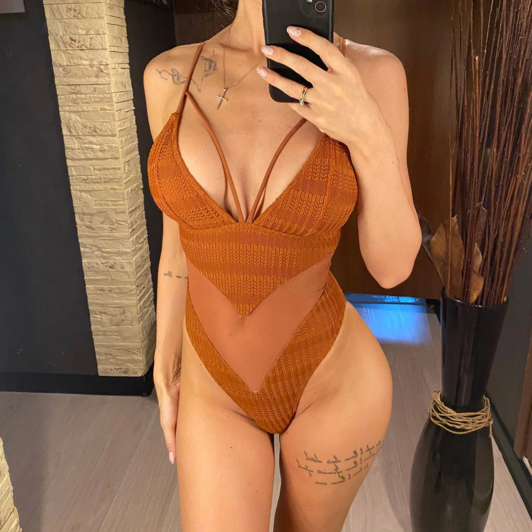 S - XXL 5 Colors V Neck Mesh Sheer Women Swimwear One Piece Swimsuit Female High Leg Cut Monokini Bather Bathing Suit Swim