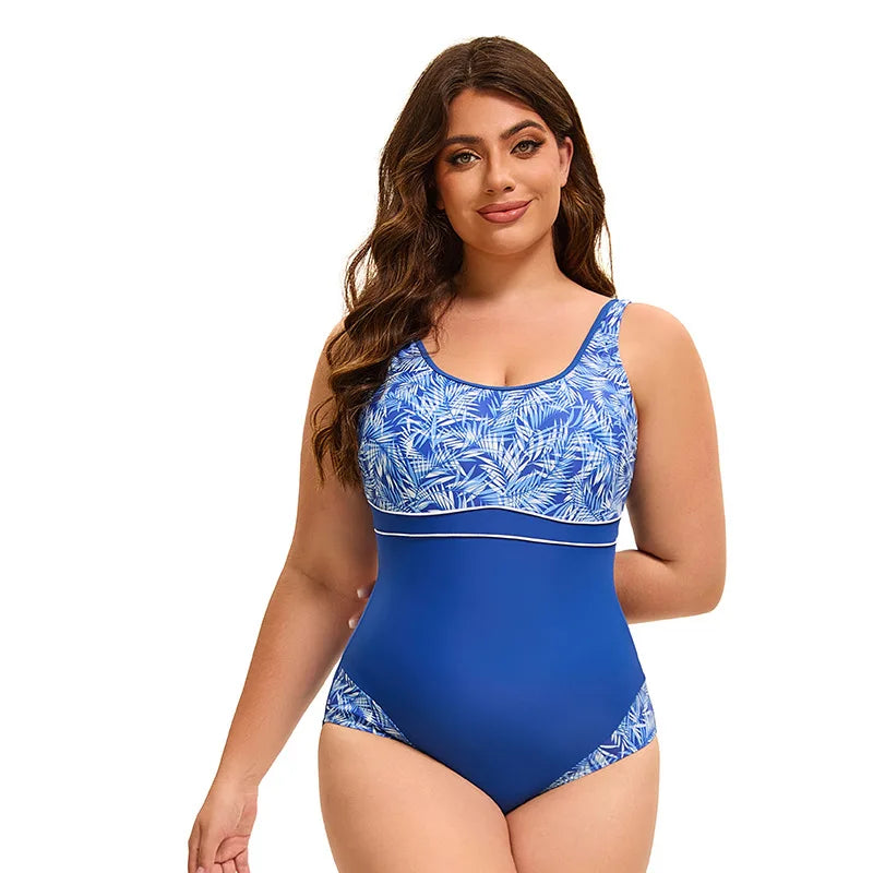 Women's Sports One Piece Swimsuit Racerback Black Sports Swimwear Leaf Printed Bathing Suit Plus Size Women Swimwear