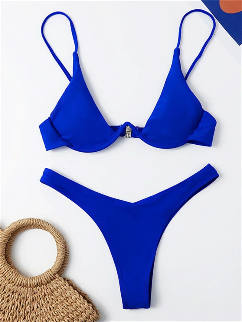 Bikini Women Solid Red Push Up Bra Thong Swimsuit Haler V Neck Bathing Suit Mini Micro Thong Swimwear