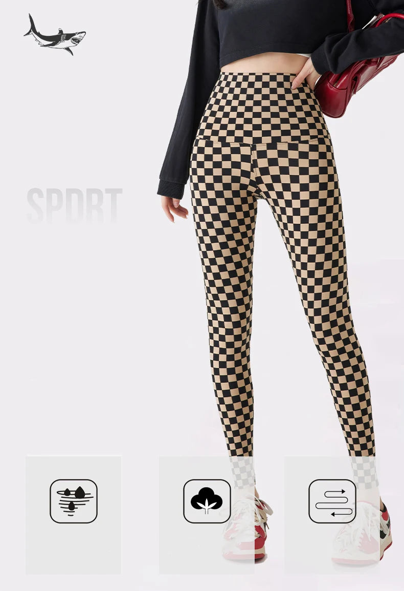 Checkerboard Plaid Shark Leggings Women High Waist Tight Slim Push Up Leggings Seamless Sports Fitness Leggings