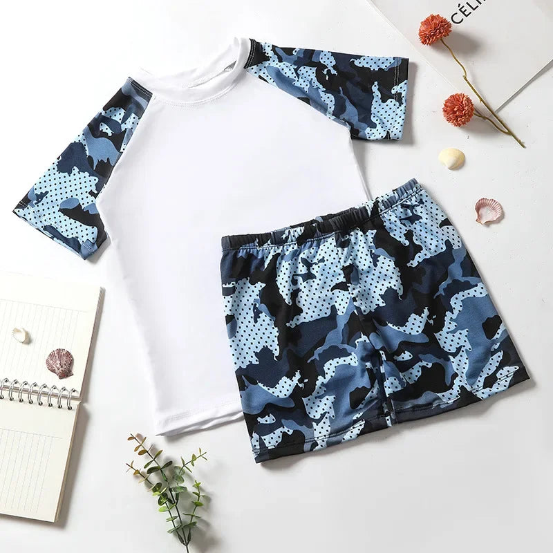 Camouflage Kids Swimsuit Boy Swim Trunks Set Surf Suit Boys Split Short Sleeve Swimsuit Korean Version Baby Swimsuit Plus Size