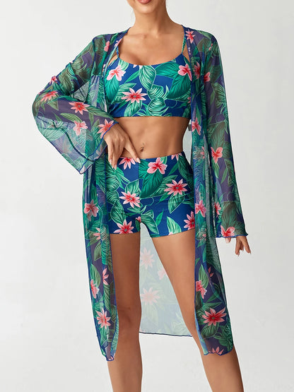 3 Pieces Strappy Bikinis With Kimono Swimsuit Women Printed High Waist Swimwear Female Bathers Bathing Swimming Swim Suit