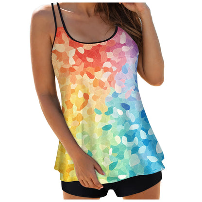 Women's Abstract Print Tankini Swimsuits Double Stretch Strap Crew Neck Cover Tummy Tops and Solid Shorts Conservative Swimwear