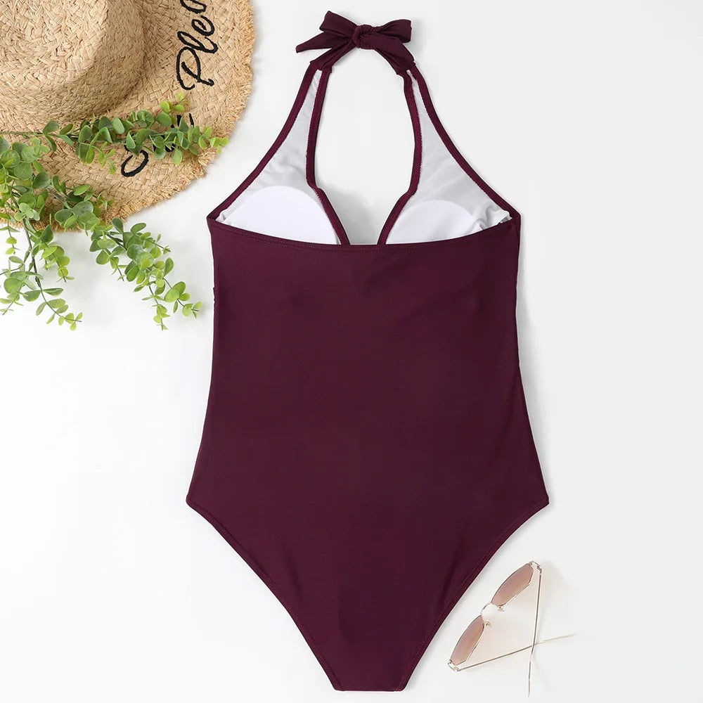 S - XXL Wrinkled Halter V Neck One Piece Swimsuit Women Swimwear Female Monokini Backless Bathing Suit Swim Beachwear Bodysuit