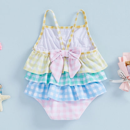 Toddler Little Girls Summer Cami Romper Swimsuit Sleeveless Tiered Colorful Striped/Plaid Swimwear