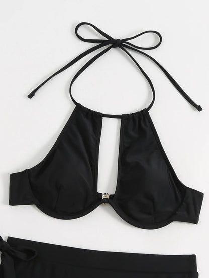 Solid Color Halter Swimwear Women Hollow Push UP Bikini Set High Waist Summer Swimsuit Backless Beach Bathing Suit
