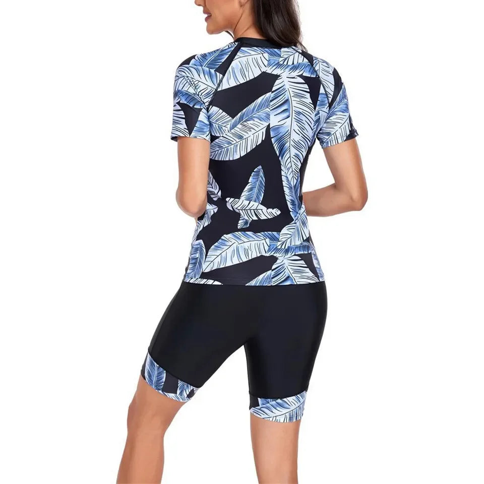 Rash Guard Women's Summer Fashion Sports Print Zipper Round Neck Short Sleeved Surfing Suit Summer Beachwear Swimsuits For Women