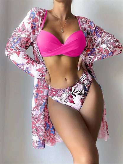 3 Pieces High Waist Bikini With Long Sleeve Kimono Swimsuit Women Print Swimwear Female Bathing Swimming Beach Suit Summer