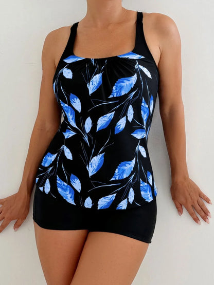 Strappy Tankini Leaf Printed Swimsuit Women Two Pieces High Waist Shorts Swimwear Female Bathing Swimming Suit Beachwear