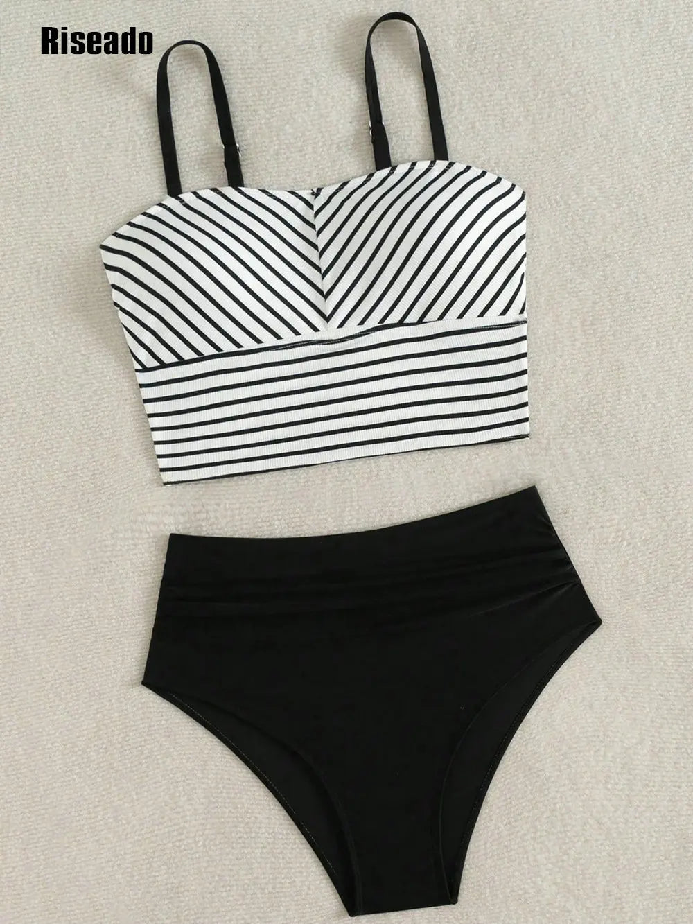 Women's High Waist Bikini Set Striped Two-Piece Swimwear with Fashion Crop Top Summer Beach Swimsuits