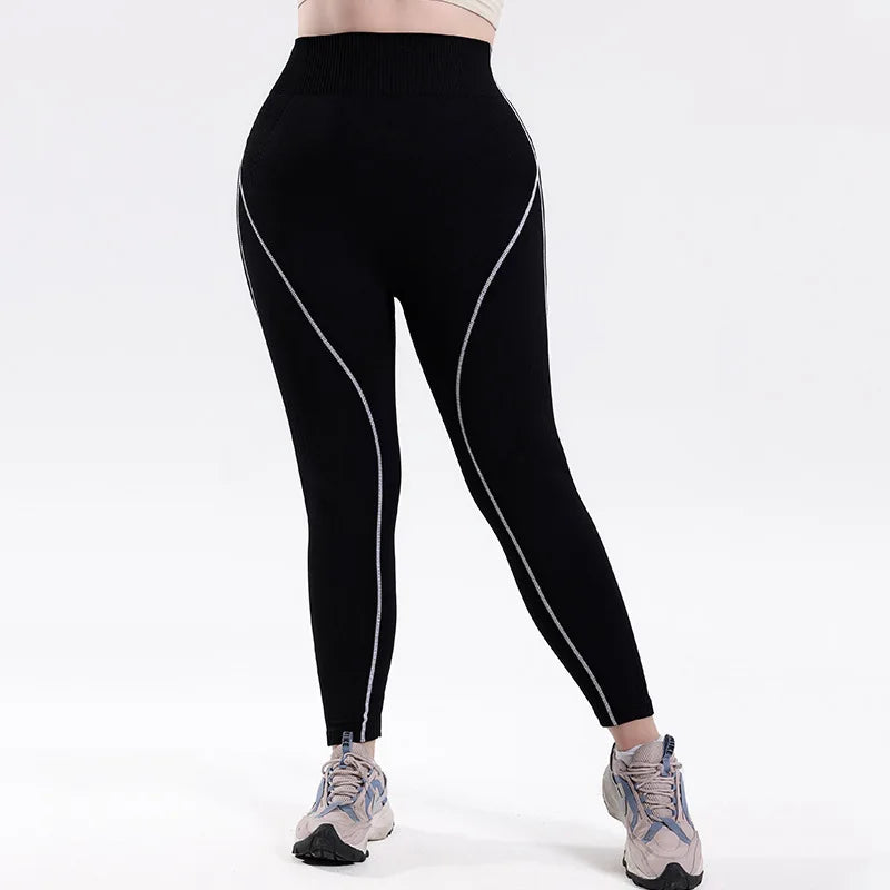 XL-4XL Plus Size Sports Pants Lines Lifting Buttocks Sports Tight Pants Women High Waist Elastic Fitness Running Yoga Pants