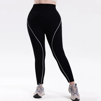XL-4XL Plus Size Sports Pants Lines Lifting Buttocks Sports Tight Pants Women High Waist Elastic Fitness Running Yoga Pants