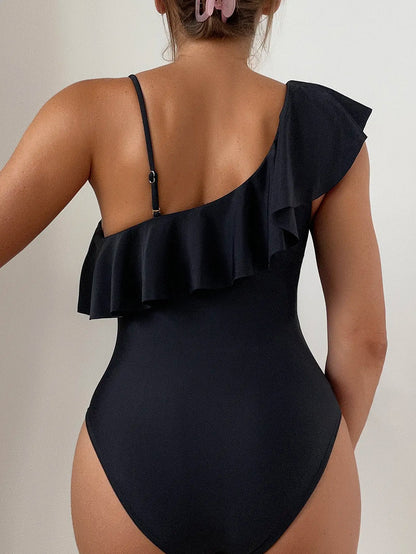 Ruffle Contrast Mesh Swimsuit Women One Piece Swimwear Bodysuit Bathers Bathing Swimming Swim Suit Sports Beachwear