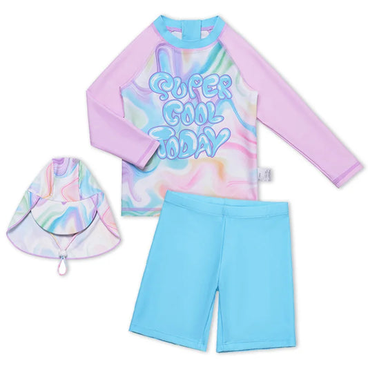 Girls Cute Swimsuit Long-sleeve Shorts Split Girls Sun Protection Children's Swimwear with Cap 3pcs Set