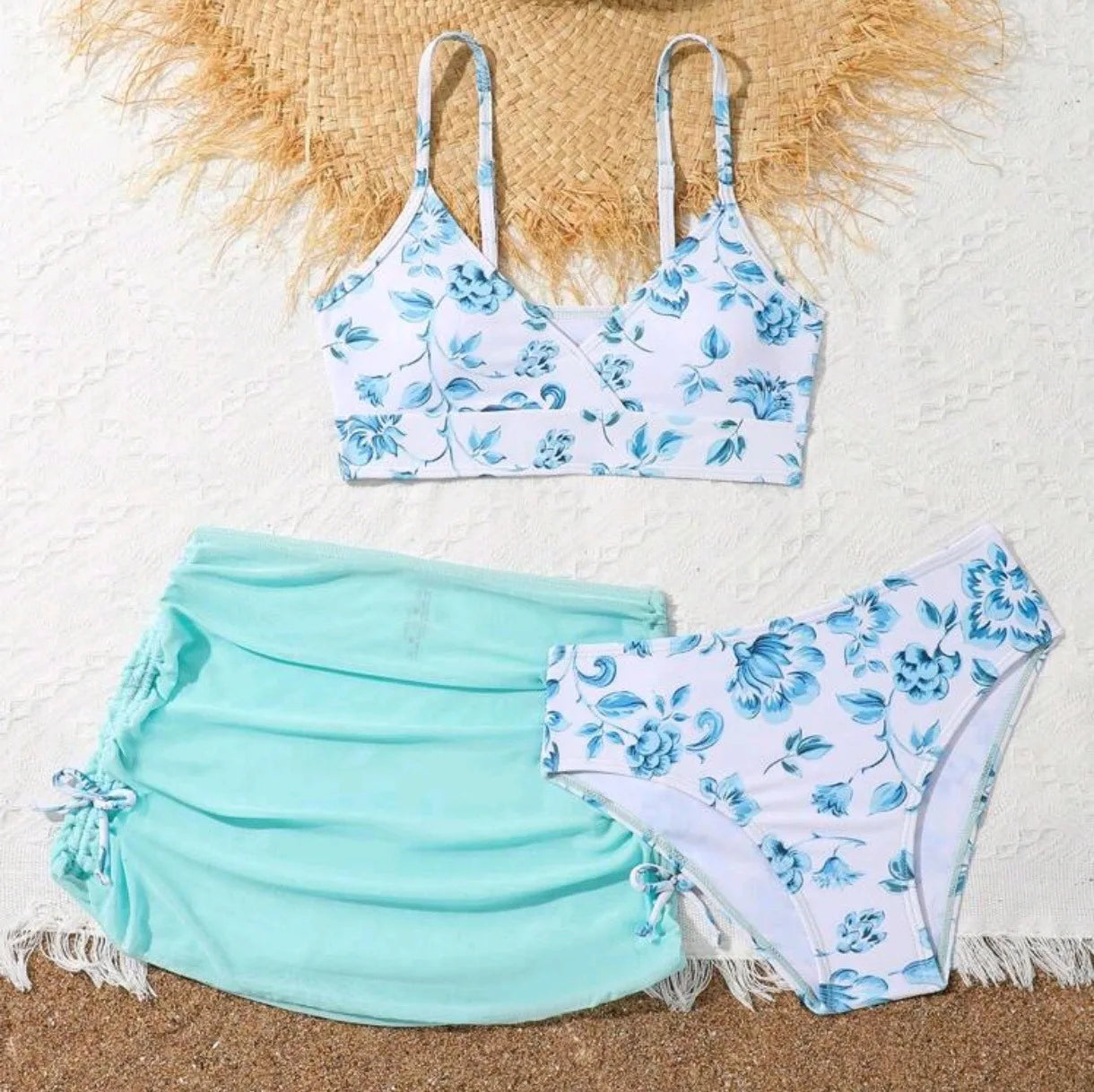 Girls 3 Piece Floral Print Bikini Sets Kids Swimsuit Beach Skirts 7-12 Years Children's Swimwear 2025 Teenages Girl Bathing Suit