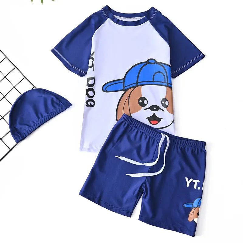 Children's Swimming Suit Teenage Boys' Swimsuits with Cap Cartoon Dog Sun Protection Short Sleeved Sports Swimwear Kids
