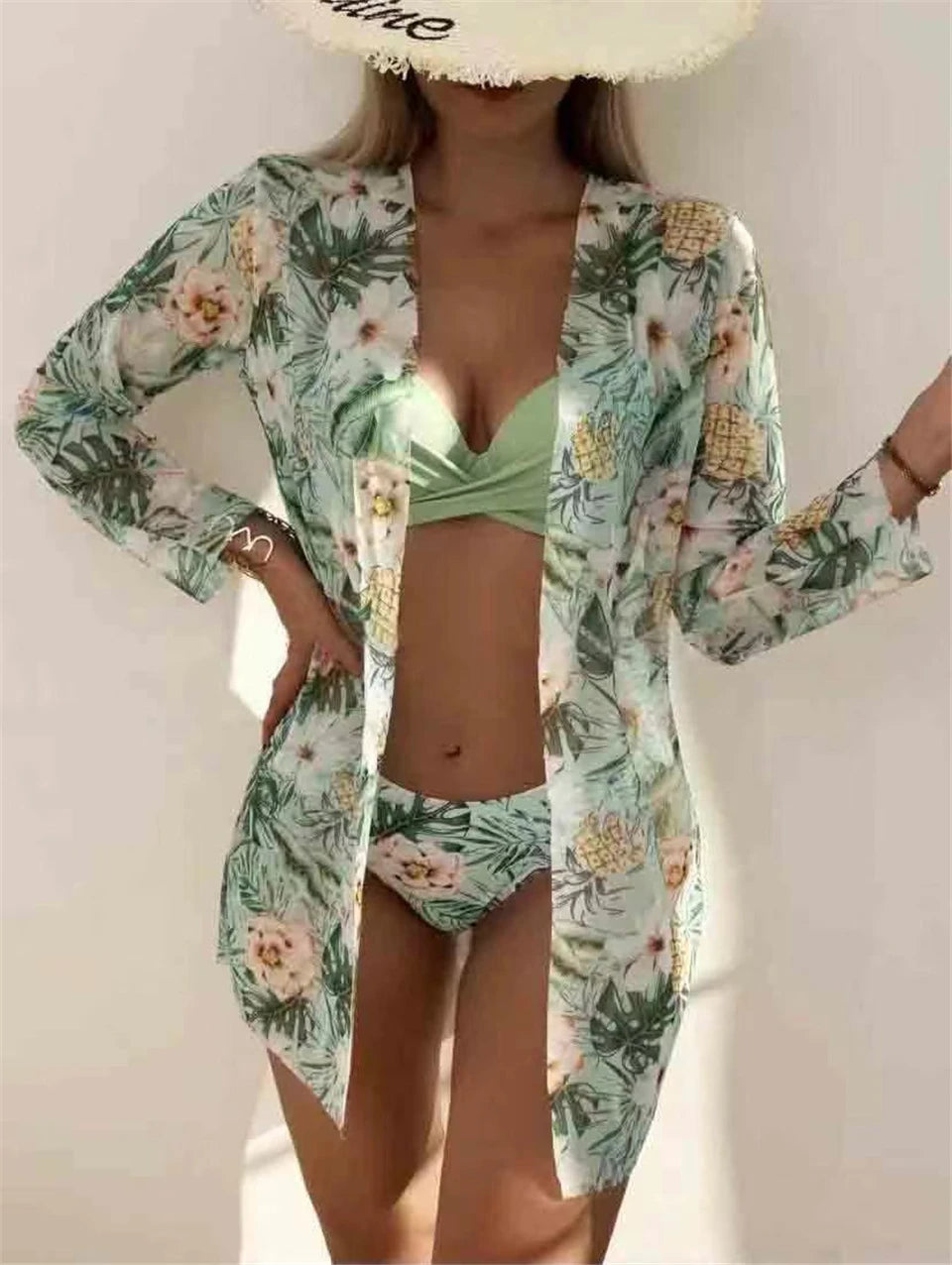 3 Pieces High Waist Bikini With Long Sleeve Kimono Swimsuit Women Print Swimwear Female Bathing Swimming Beach Suit Summer