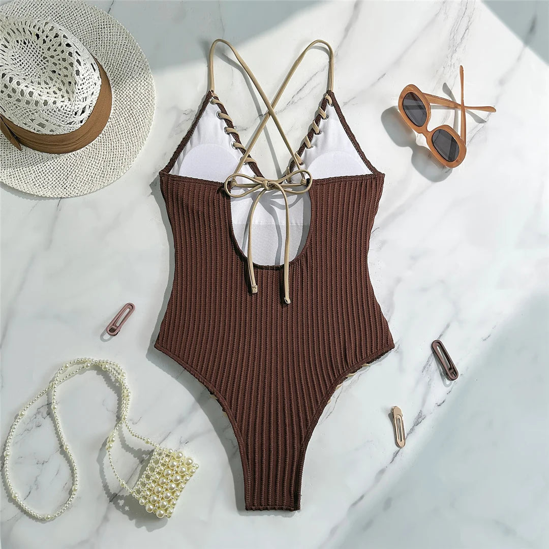5 Colors V Neck Ribbed Cross Back One Piece Swimsuit Women Swimwear Female High Leg Cut Monokini  Bather Bathing Suit Swim