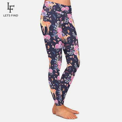 Cute Deer and Flowers Pattern 220gsm Double Side Brushed Milk Silk Print Women Leggings High Waist Leggings